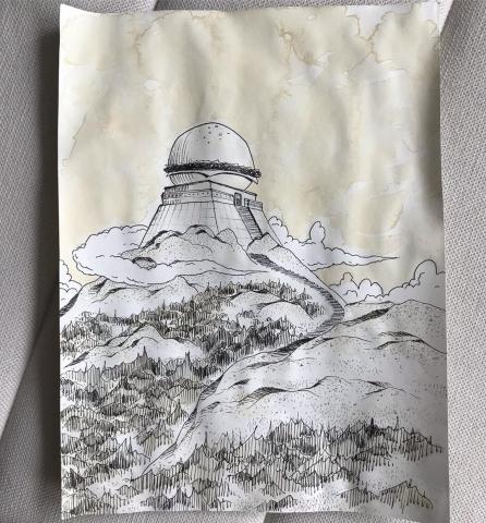 Ink and tea drawing of "Burger with Large Tomb"