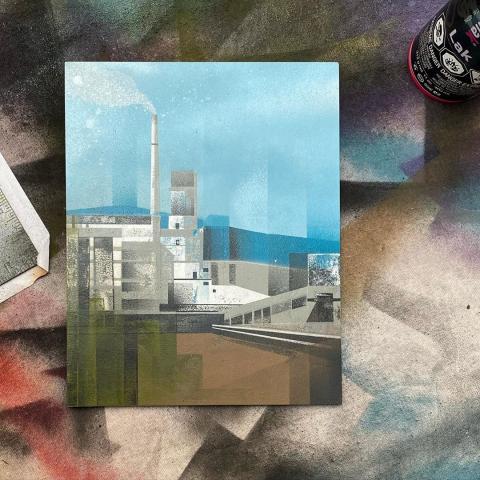 Spray paint on board painting of a factory