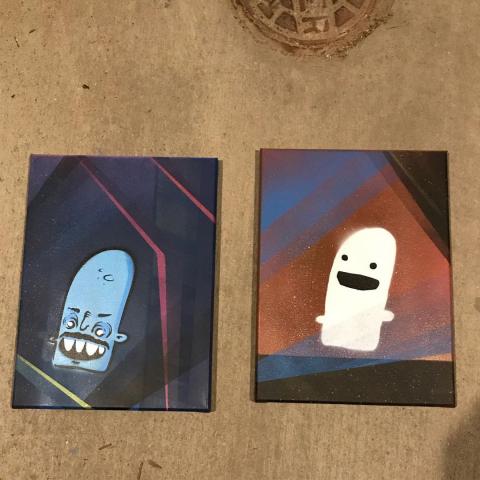 Two small canvas paintings of a man and his ghost